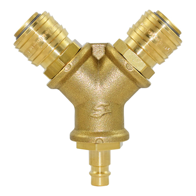 Verteiler 2-fach mit Druckluftkupplung, Eingang: Stecker, Ausgang: 2x Muffe