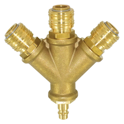 Verteiler 3-fach mit Druckluftkupplung, Eingang: Stecker, Ausgang: 3x Muffe