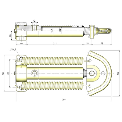 Bremszylinder mit R&uuml;ckholfeder, 180bar, Stangen-Durchmesser: 25mm, Hub 110mm
