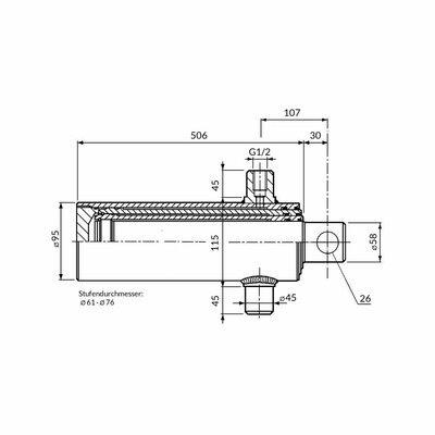 Einfachwirkender Teleskopzylinder, zweistufig, Hub 795mm Zeichnung