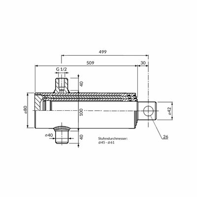 Einfachwirkender Teleskopzylinder, zweistufig, Hub 820mm Zeichnung