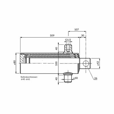 Einfachwirkender Teleskopzylinder, zweistufig, Hub 820mm Zeichnung