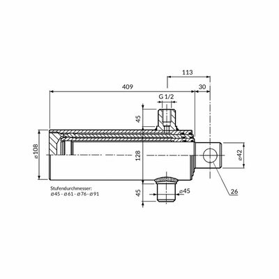 Einfachwirkender Teleskopzylinder, vierstufig, Hub 1190mm Zeichnung