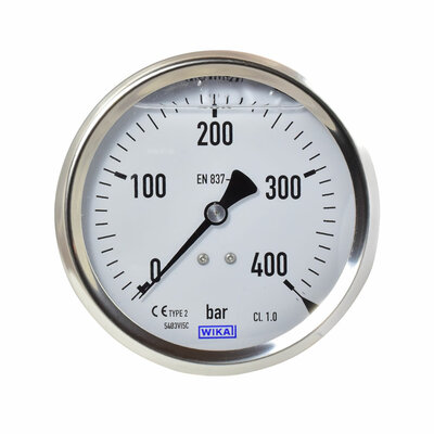 Glyzerinmanometer &Oslash; 100mm, 0...400bar mit Befestigungsb&uuml;gel
